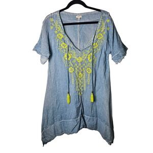 Kyla Seo Small Embroidered Tunic‎ Dress Blue Yellow Floral Cotton Boho Casual